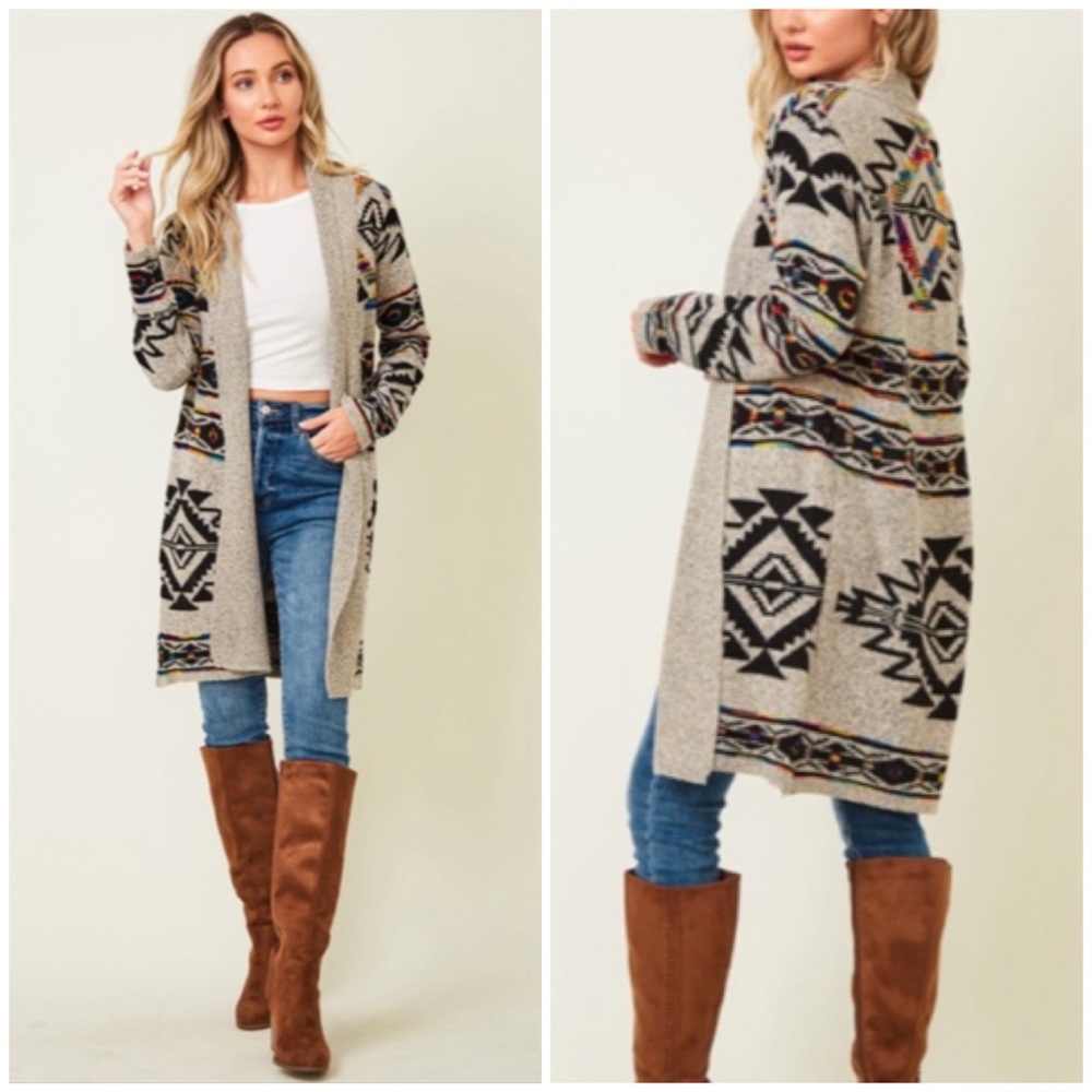 Taupe Multi Color Aztec Tribal Native Western Boho Open Cardigan Sweater